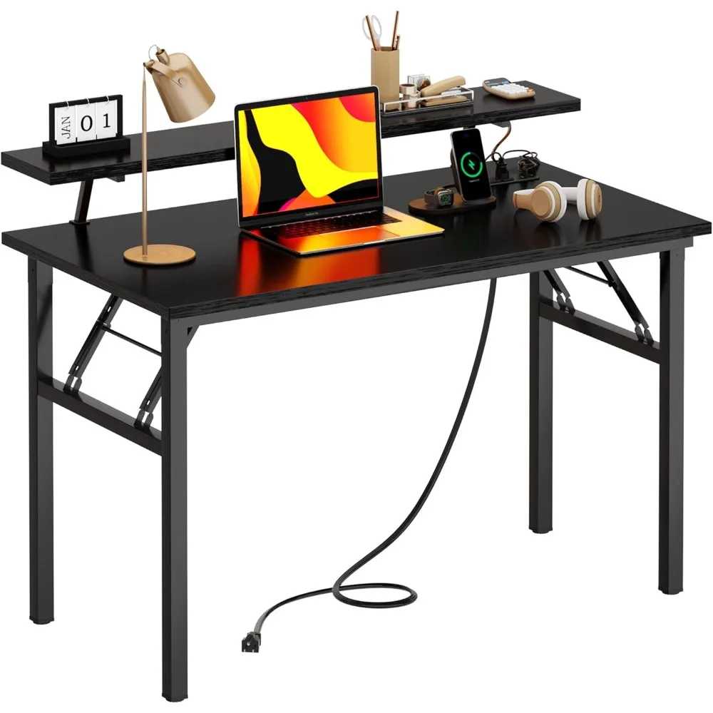 Need 47 Inch Folding Computer Desk with Power Outlets Home Office Table with Monitor Shelf, Cup Holder Gaming Desk with Led Ligh