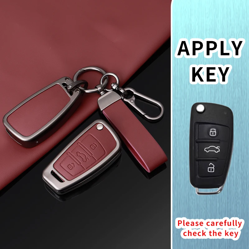 For Audi A3 A4L B8 A5 A6L C6 Q3 Q5 Q7 Folding 3‑Button Remote Key Cover with Lanyard Hook Zinc Alloy Leather Car Key Case