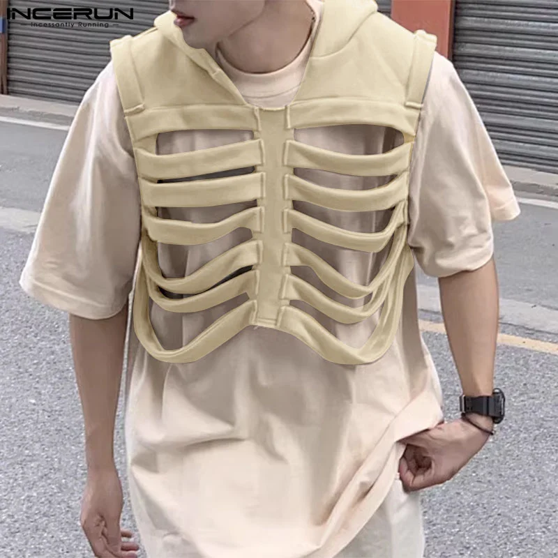 Fashion Casual Style Tops INCERUN New Men\'s Funny Bone Deconstruction Design Vests Personality Solid Hooded Waistcoat S-5XL 2024