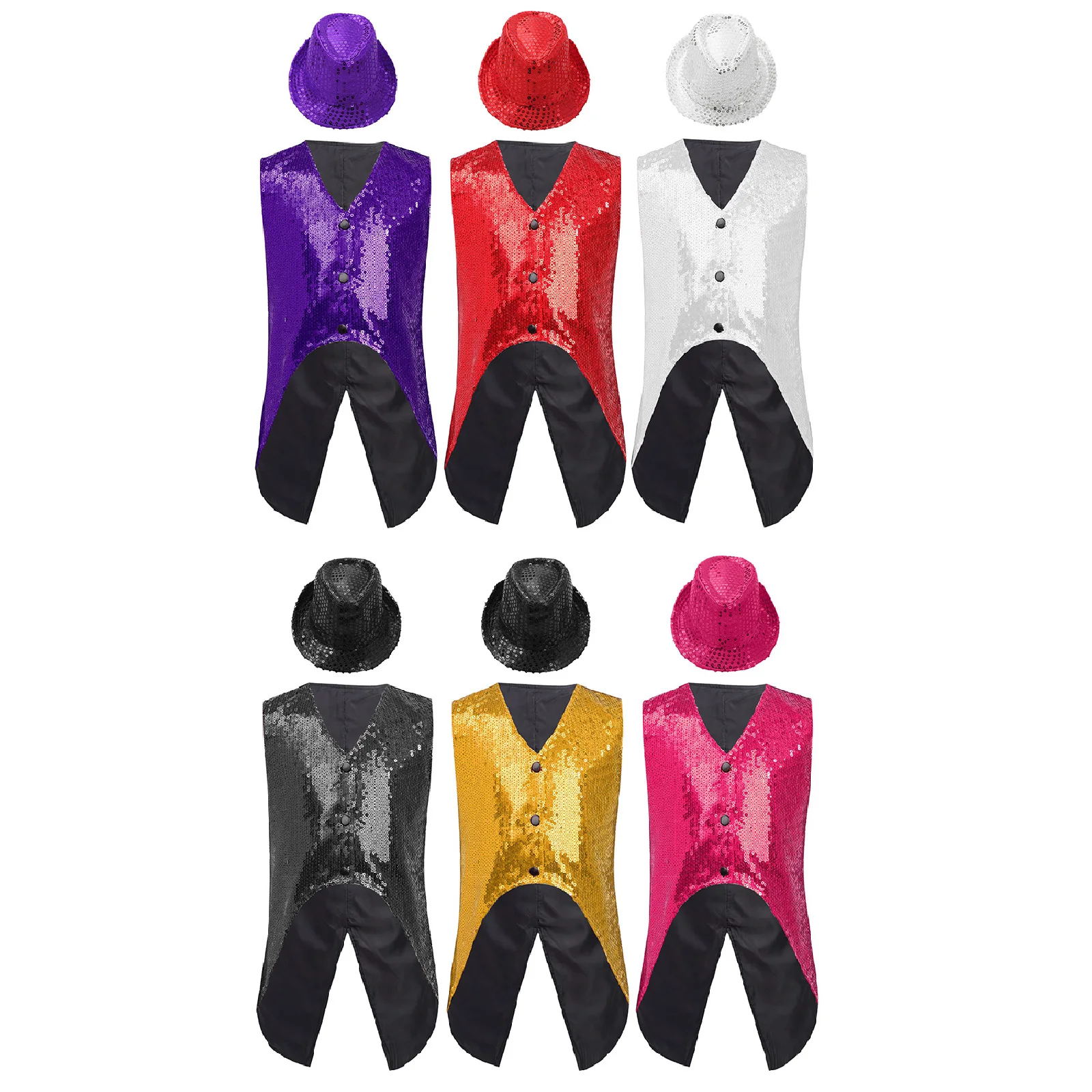 

‌Shining Jazz Dance Performance Vest Outfit for Boys Sleeveless Button Asymmetrical Hem with Hat for Birthday Banquets Events
