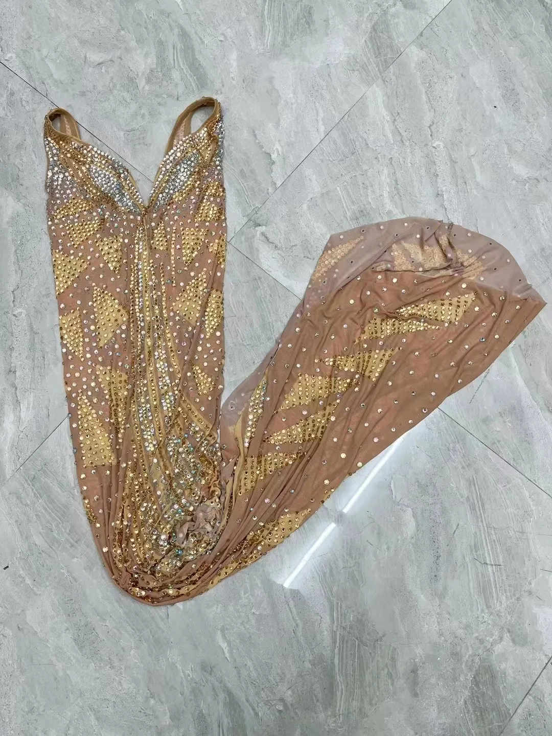 Sexy Luxury Silver Gold Crystals Sleeveless Dress Transparent Outfit Dance Stage Celebrate Nightclub Party Photoshoot Costume