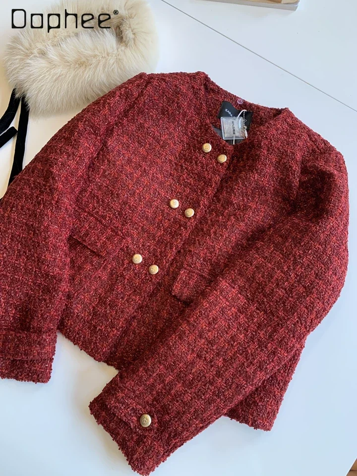 Red Down Wool Tweed Suit Skirt Women New Year Christmas Fox Fur Collar Short Coat A-line Skirt Two Piece Sets Womens Outifits