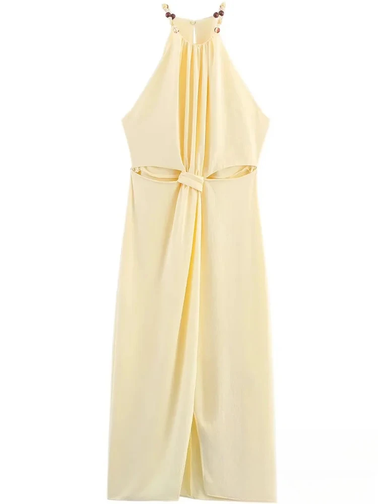 KONDALA Elegant Sexy Chic Women Dress Solid Halter Sleeveless Backless Zipper Long Vestidos New Fashion 2025 Autumn Dress