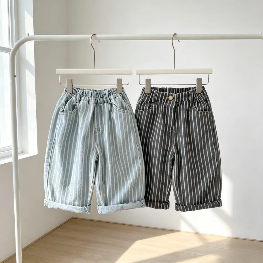 Boys Girls Striped Straight Jeans Loose Casual Denim Pants Elastic Waist Spring Fall Kids Trousers Daily Wear Toddler Bottoms