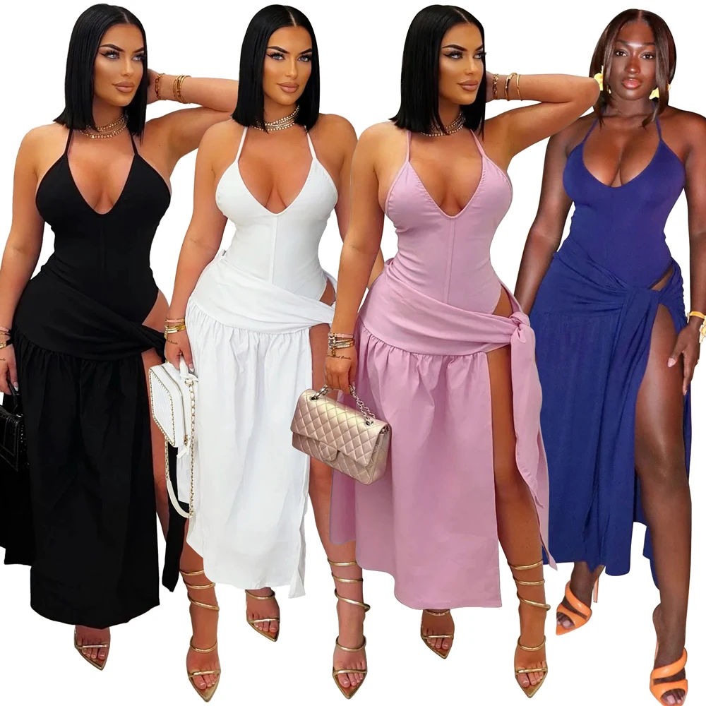 

Women Sexy 2 Piece Sets Summer New in Outfit Sleeveless Halter Bodysuit and Strappy Hip Skirt Suit Beach Club Wear Matching Set