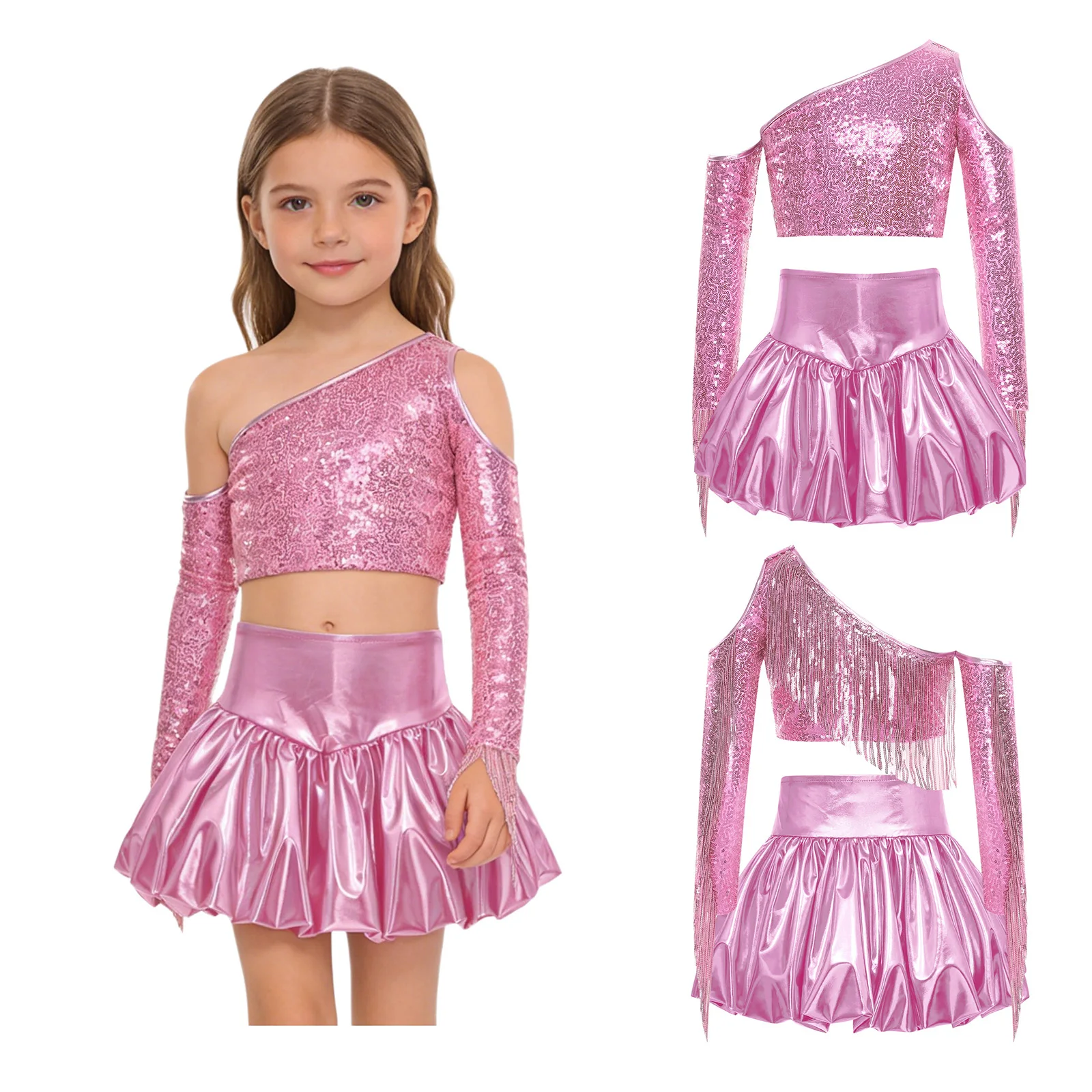 8-16Y Girls Metallic Shiny Hip Hop Jazz Dance Outfit Long Sleeve Crop Tops with Bubble Skirt Cheerleading Performance Clothes