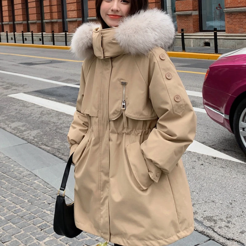 

-30 Degrees Removable Lining Cotton Padded Winter Big Fur Jacket Women Loose Slim Warm Hooded Parkas Coat Down Jacket