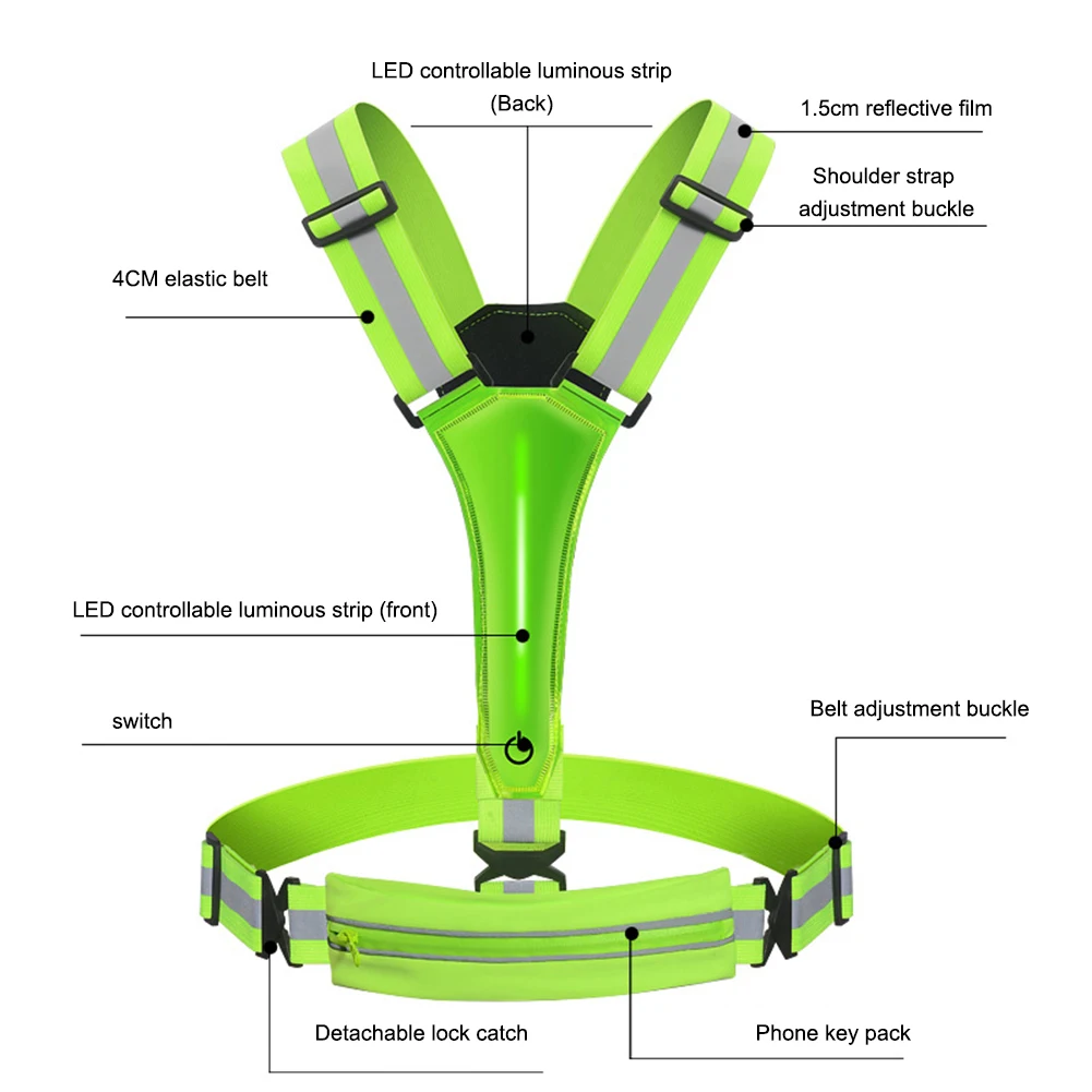 Светодиодный светоотражающий жилет с подсветкой, жилет для бега, регулируемые ремни, велосипедный защитный жилет, перезаряжаемый через USB, 3 режима освещения для ночного бега