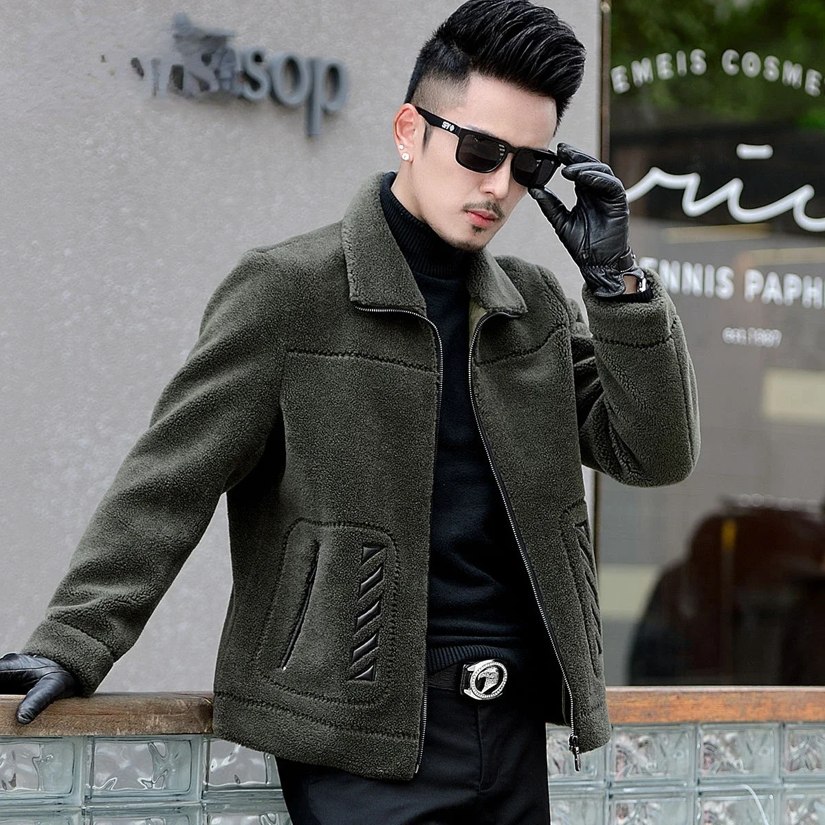 

Male Natural Shearling Fur Coat Winter Real Sheepskin Jacket Soft Men Leather Clothing Male Overcoat