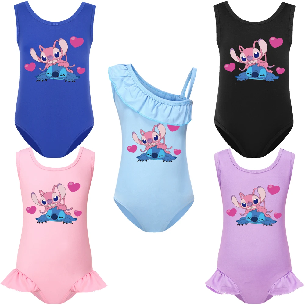 Disney Angel Stitch Kids Girls Summer One Piece Swimsuit Anime Cartoon Cute Children Swimwear Beach Bathing Swimming Suit