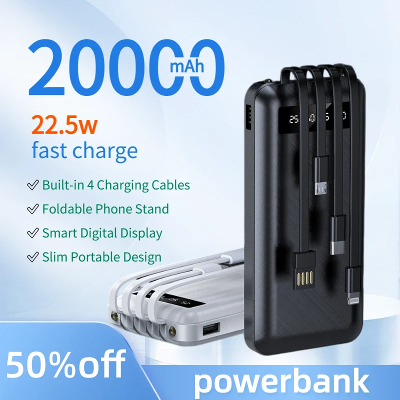 20000mAh Power Bank Built In 4 Cables Portable Charger With Phone Stand Digital Display Powerbank for iPhone Samsung