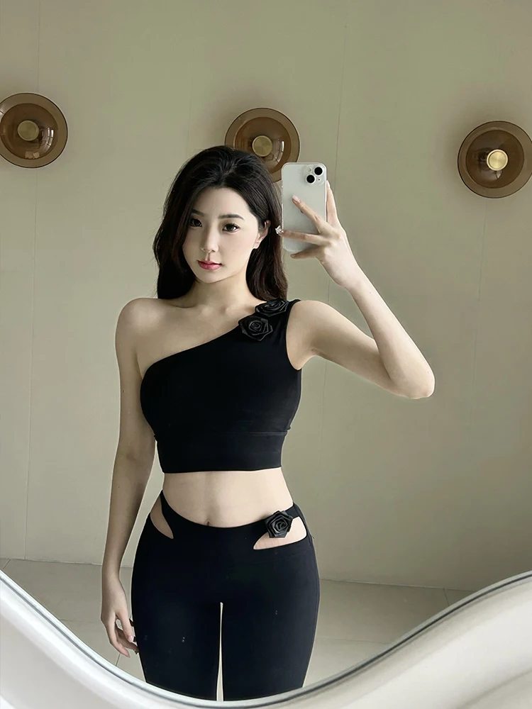 Pure Desire Flower Gilet sportivo a spalla singola Pantaloni lunghi da yoga fitn da donna Set Abito estivo sexy Diaam con orecchio sinistro