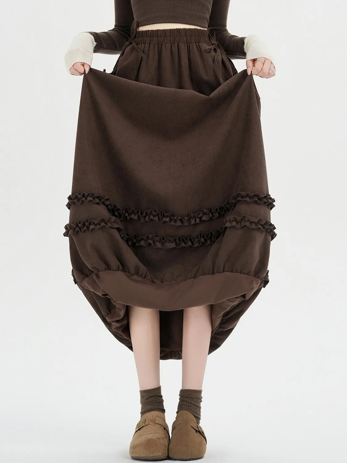 Falda coreana Sle A-Line f con pajarita, diseño de capullo de flor, falda Faion Gored de otoño e invierno para mujer, cintura alta, cintura elástica