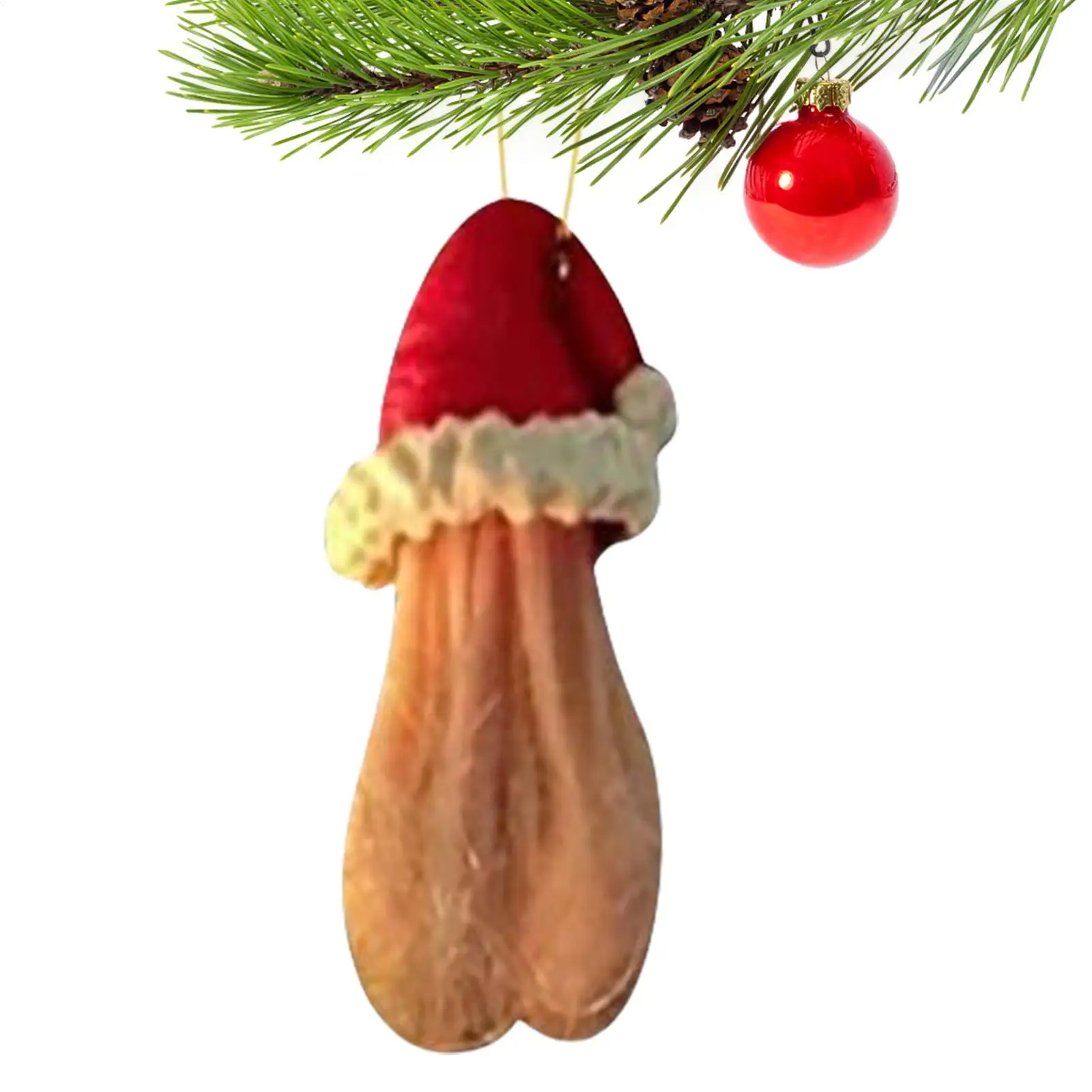 Santa hat egg ornament displayed on a mantel with holiday decor