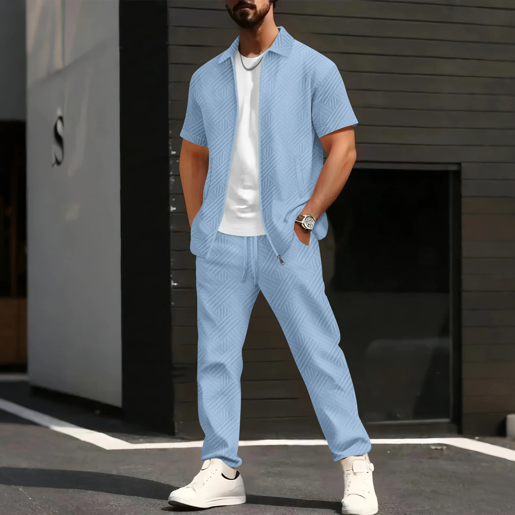 Men's Summer 2026 Solid Color Jacquard Zipper Cardigan Short-Sleeved Jacket And Long Pants Set Casual Fashion Outfit - Image 5