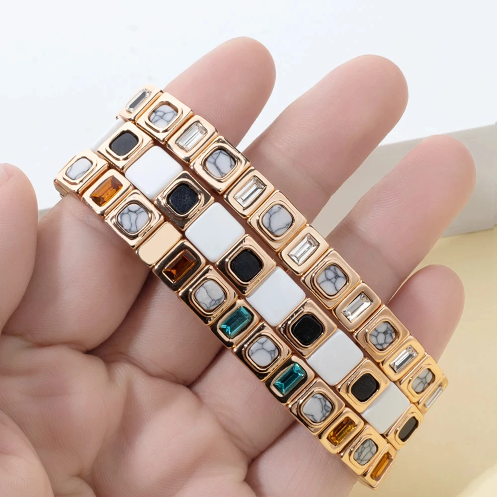 2024 New Fashion 8*8mm Alloy Elastic Bracelet for Women Gold Color Inlaid Rhinestone Bangle Natural Stone Women Jewelry Gift