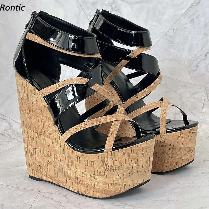 

Rontic New Women Gladiator Platform Sandals Wedges High Heels Round Toe Beautiful Black Party Shoes US Plus Size 4-15