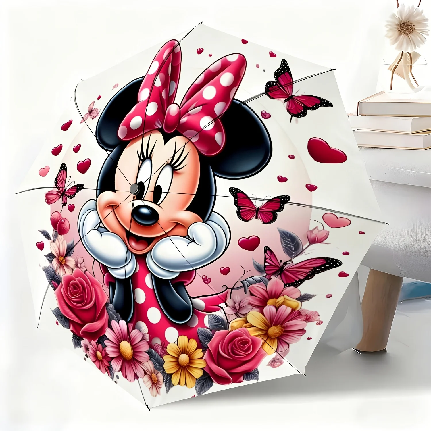 

1pc Disney Minnie Mouse Cartoon Flower Butterfly Fully Automatic Umbrella, All-Occasion Dual-Use Umbrella for Sun and Rain, Po