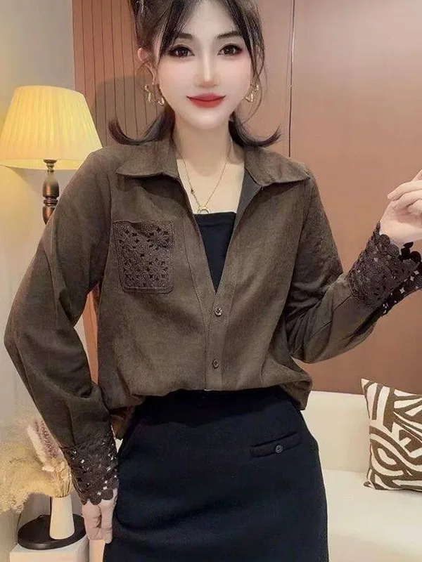 

Korean Sle Lace Splice Long Sve Women's irt Spring 2026 New Faion Slimming Versatile Ne Button up Top