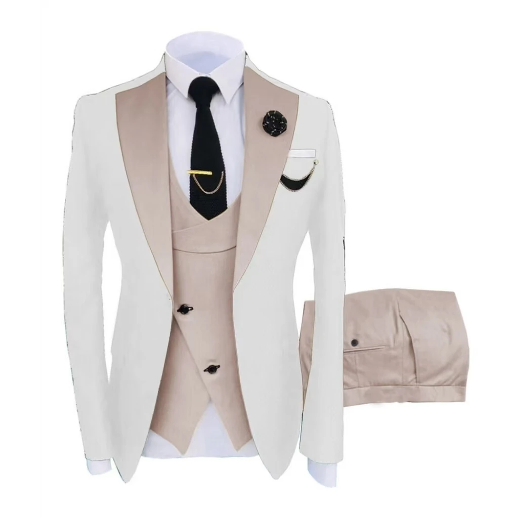 Formal Men Elegant Simple 3 Pieces Blazer Vest Pants Sets 1 Button Tuxedo Suits Slim Fit Tuxedo Suit  Fashion Wedding Party