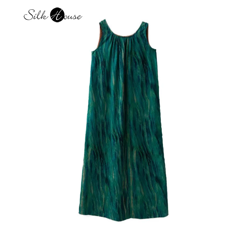 

2025 Women's Fashion Summer New 100% Natural Mulberry Silk Gambiered Guangdong Gauze Back Split Sleeveless Tank Top Dress