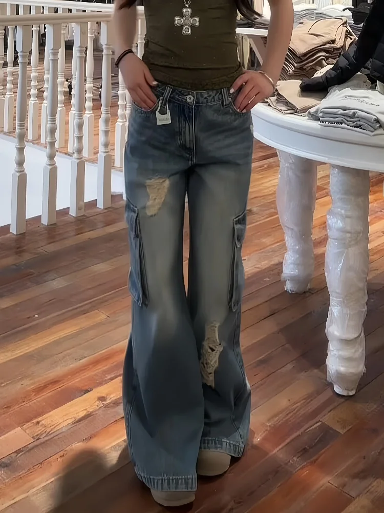 

American High Street Design Sense Ripped Workwear Pants Women Sexy Retro Washed Loose Straight Floor-Length Jeans