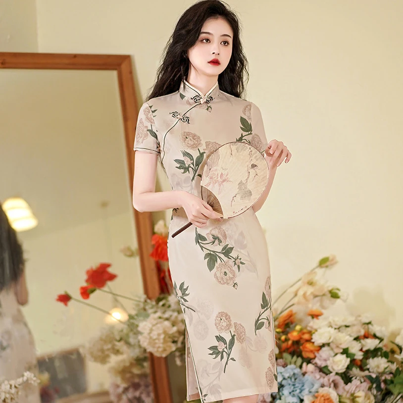 

Plus Size 4Xl Qipao Chinese Style Dresses Sexy Print Cheongsam Elegant Satin Vestidos Split Dresses Women New Banquet Gown