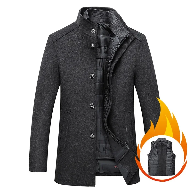 Winter Men's Woolen Overcoat Solid Color Thickened Thermal Parka Casual Business Men's Jacket Medium Length Coats