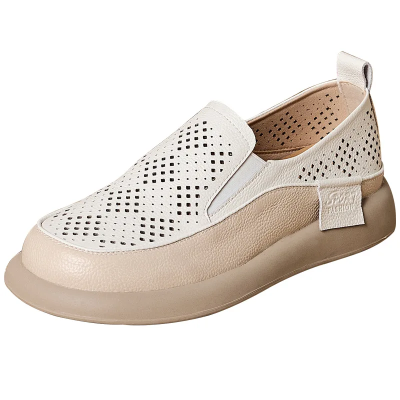 

Мокасины из коровьей кожи 3 см, женские летние лоферы для отдыха на плоской подошве, удобные полые туфли на танкетке из натуральной кожи в этническом стиле