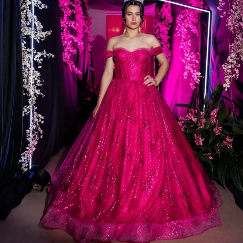 

Shiny rose pink Quinceanera Dress Lace decal Tull layering ruffle Bow vestidos de 15 Quinceanera ﻿Customized