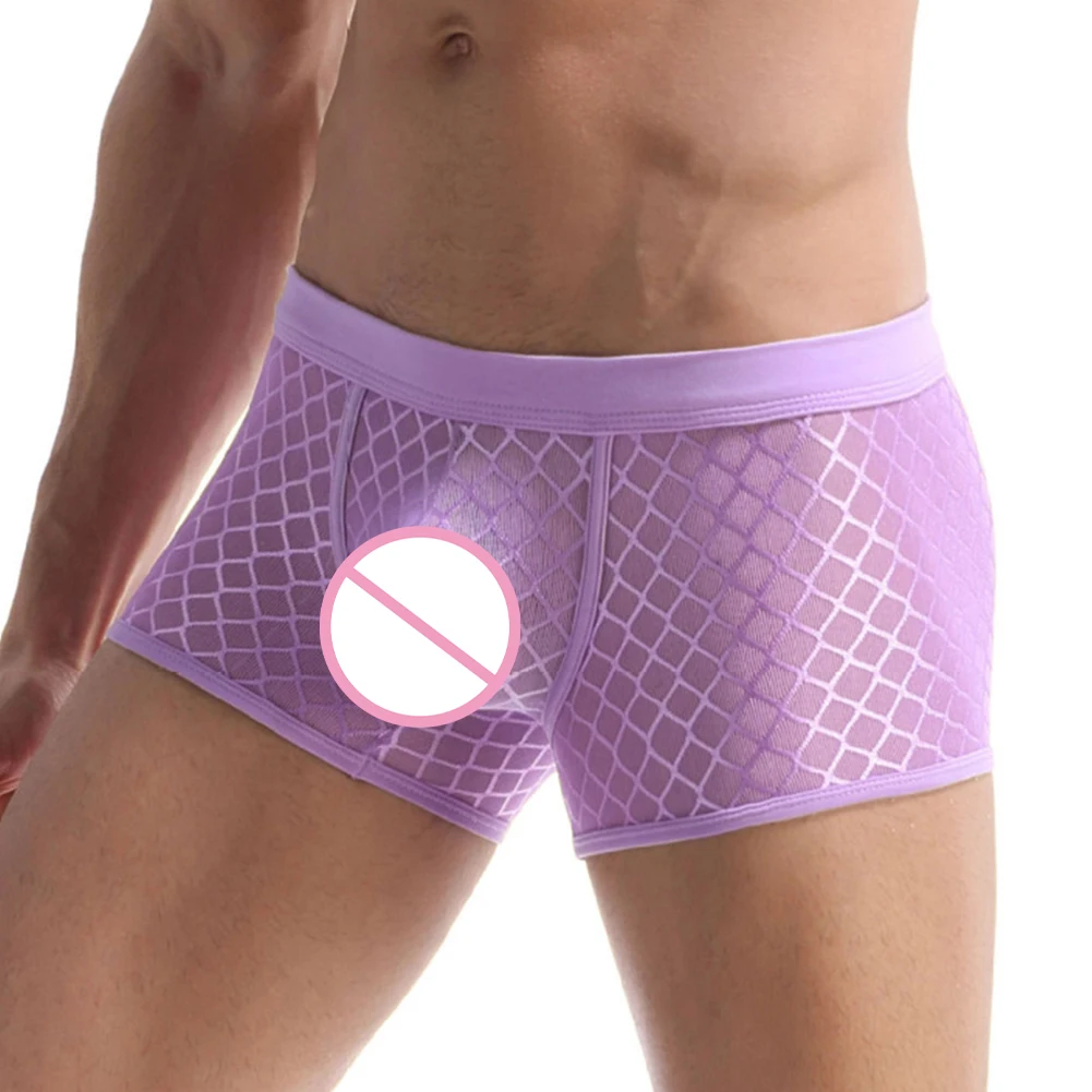 Men\'s Briefs Breathable Mesh Panties Low Waist Sexy Transparent Underpants Elastic Shorts U Convex Big Scrotum Pouch