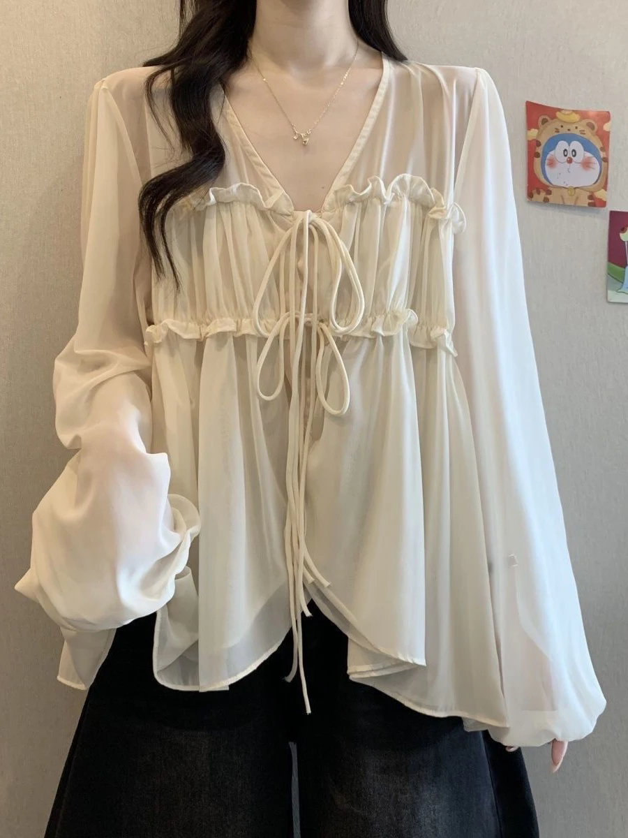 

French Sle Asymmetric Hem Long Sve V-Ne Pleated Chiffon Top plus Size Conceals Belly Flatters plus Size Women's irt