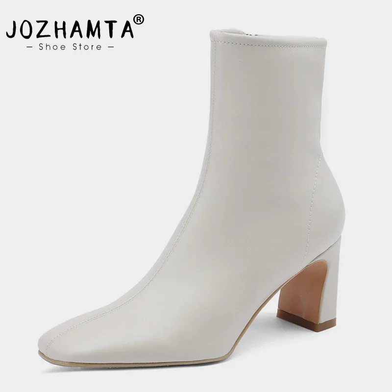 JOZHAMTA Size 34-39 Women Ankle Boots Real Leather Retro High Heels Shoes Woman Winter Fashion Square Toe Zipper Elastic Boots