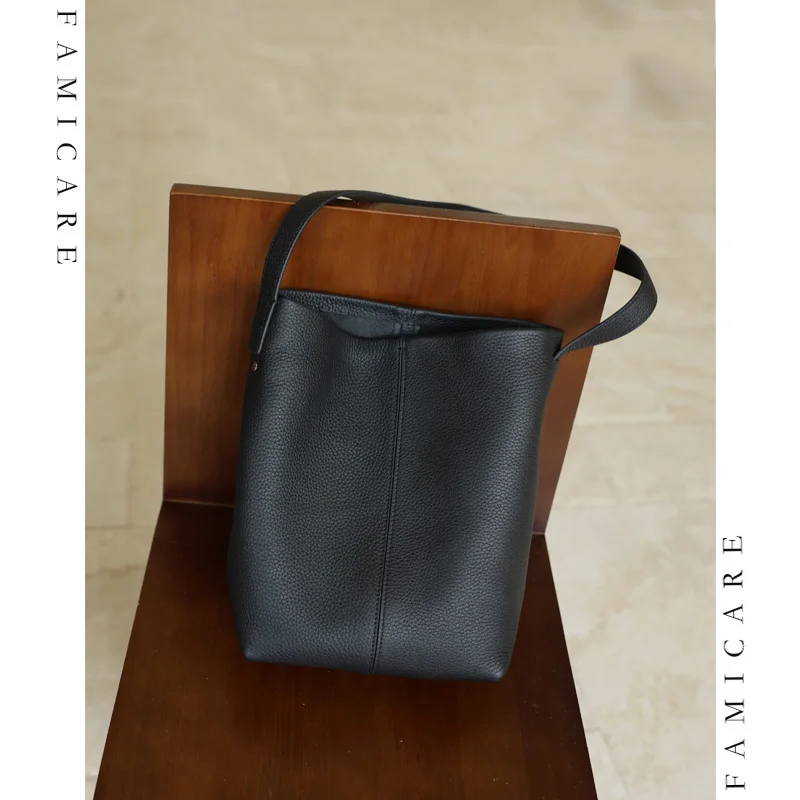 Women Effortless Style Bucket Handbag Chic Soft Genuine Leather Lady Tote Bags Timeless Shoulder Bag with Detachable Inner Pouch
