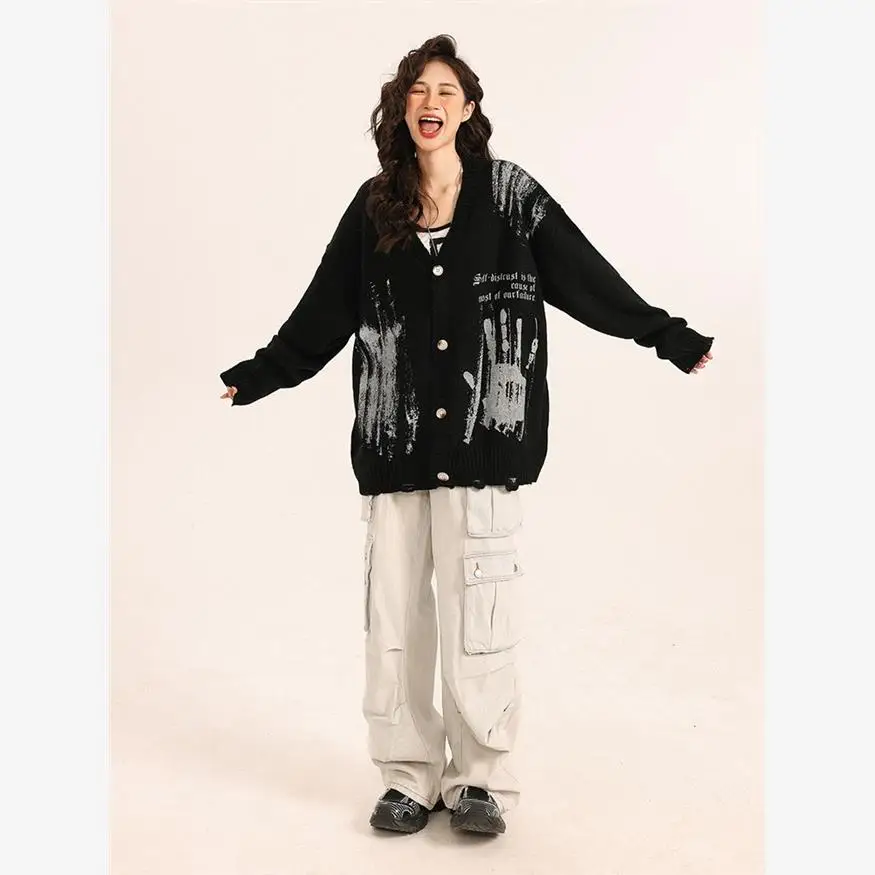 

Y2K Design Knitted Sweater Women's Autumn American Culture Aibi Couple V-ne Print Top Lazy Sle Open Cardigan Coat