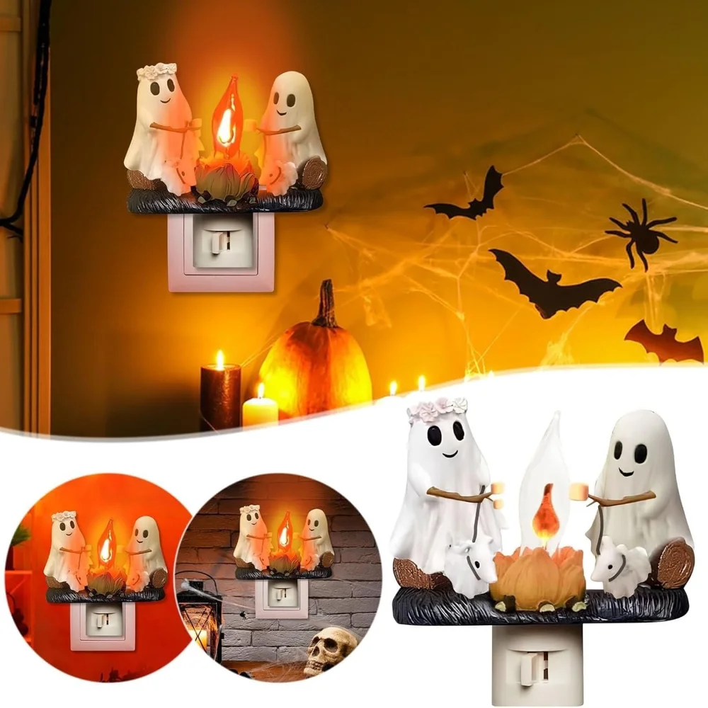 

Funny Ghost Campfire Flickering Nightlight 3D Plug into Wall Halloween Night Lights Halloween Decor Ghost Bonfire Night Light