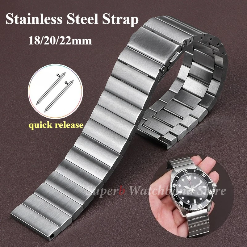 Bracelet de montre en acier inoxydable massif pour Seiko 18mm 20mm 22mm, Bracelet en métal brossé argent noir à dégagement rapide