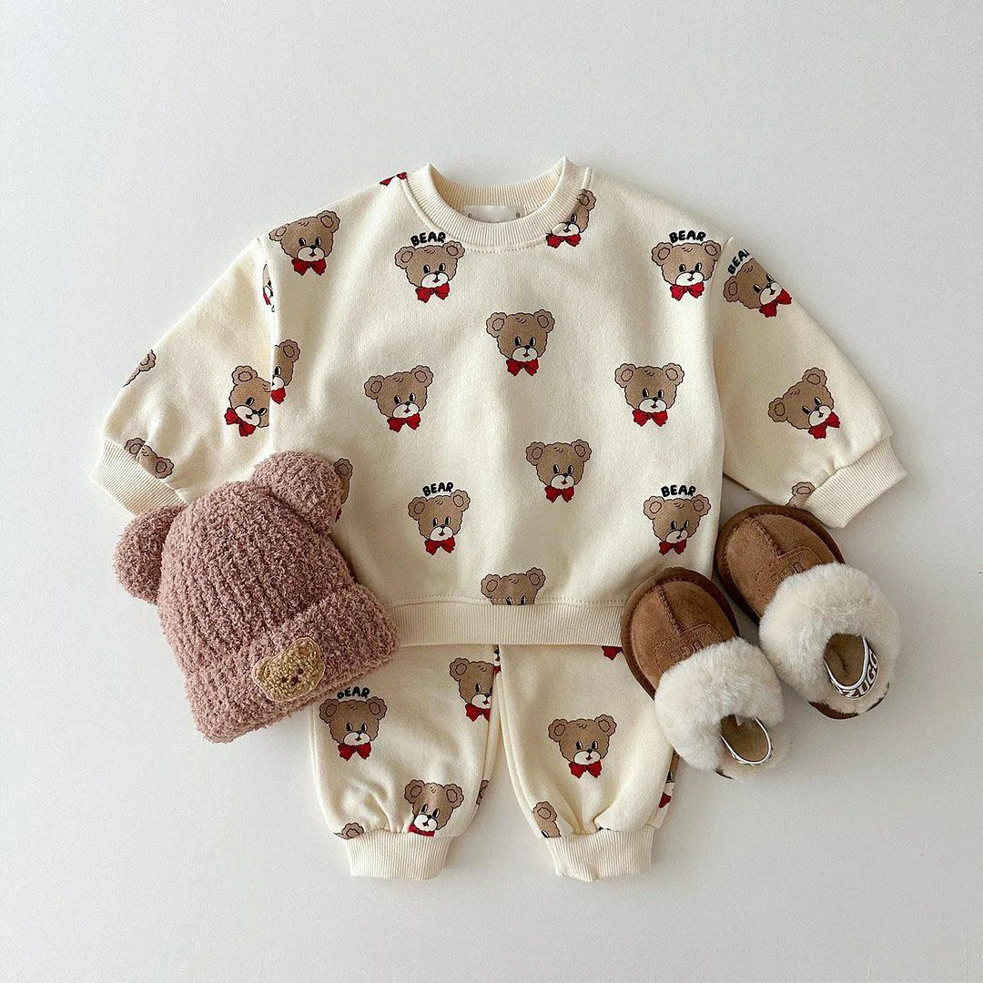 2024 Autumn New Children Long Sleeve Sweatshirt Set Boys Girls Cute Bear Rabbit Print Tops + Pants 2pcs Suit Kids Casual Outfits