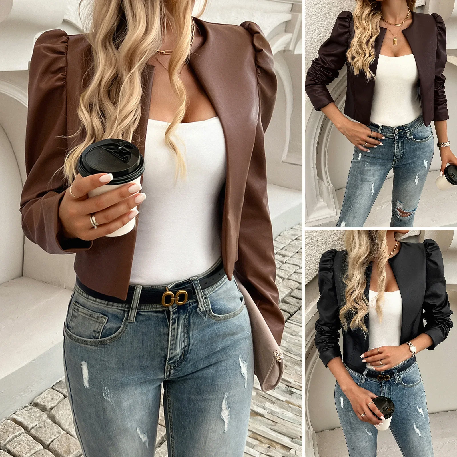 2024 Autumn and Winter New European and American Jackets Women's Temperament Casual Cardigan Solid Color Leather Jacket