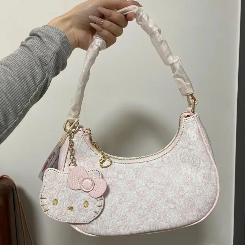 

Spring Summer Mini Kawaii Hello Kitty Armpit Bag Girl Handbag Temperament Shoulder Bag Crescent Moon Bag Checkerboard Square Bag