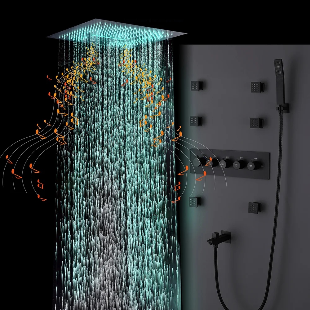 Luxury Wall Mounted Black Thermostatic Led Light Music Rainfall Waterfall Bathroom Shower Set System Shower Combo Set
