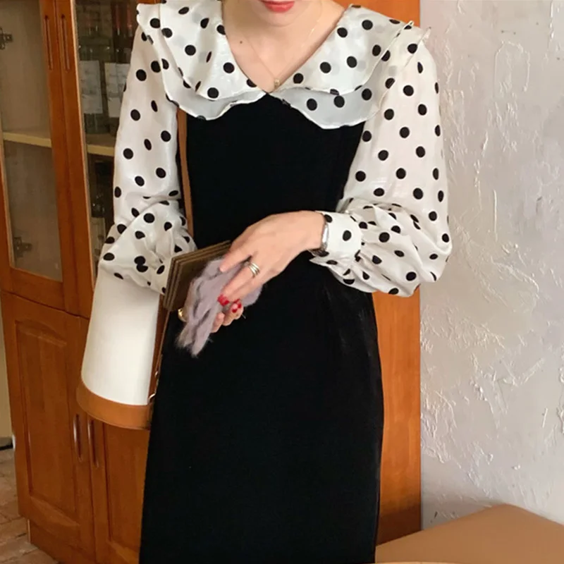 Ele Chic Gola Dupla Camada Polka Dot Veludo Bolha Sve Midi Dr Feminino Coreano Sle Cintura Solta Longo Sve Dr