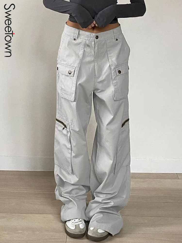 

Sweetown Zipper Pockets Design Cargo Jeans Woman Vintage Casual Low Waist Straight Leg Denim Pants Korean Fashion Streetwear
