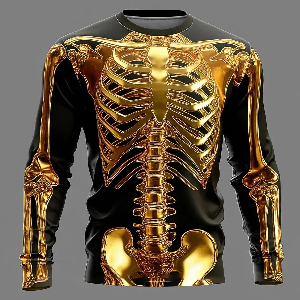 Men 3D X-Ray Skeleton Print Long Sleeve T-Shirt Gothic Halloween Crew Neck Casual Top