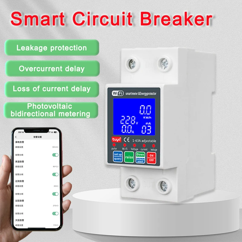 Smart PV Circuit Breaker 2P 63A Single Phase Tuya WiFi Smart Metering Circuit Breaker 220V Voltage Current Leakage Protection