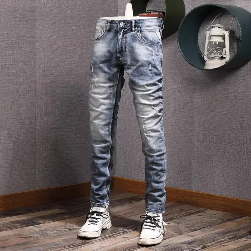 

Fashion Designer Men Jeans High Quality Retro Blue Stretch Slim Fit Ripped Jeans Men Italian Style Vintage Denim Pants Hombre