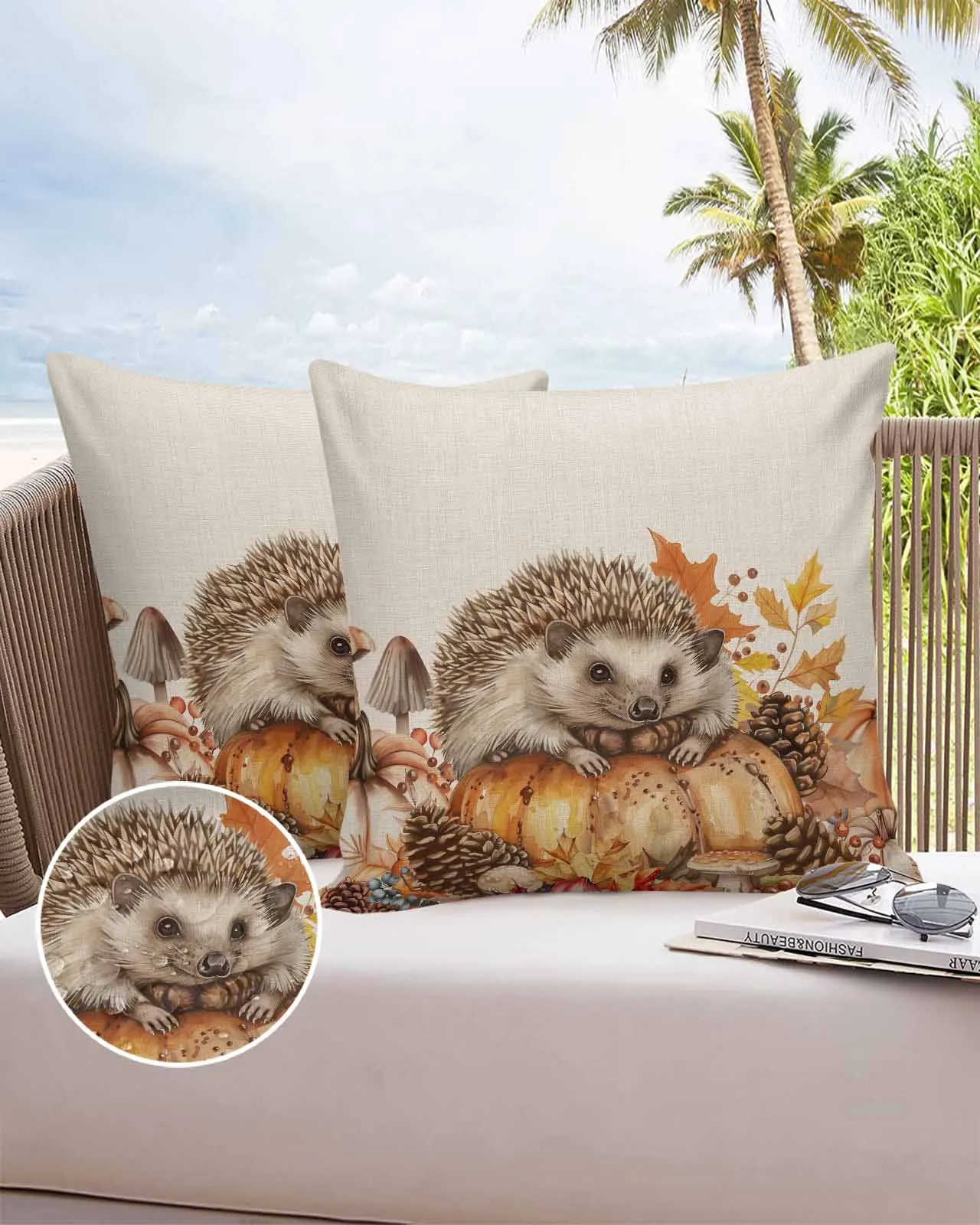 Fall Pumpkin Hedgehog Pine Cone Waterproof Pillowcase Set Car Cushion Cover Home Sofa Office Decorative Pillowcase Cover