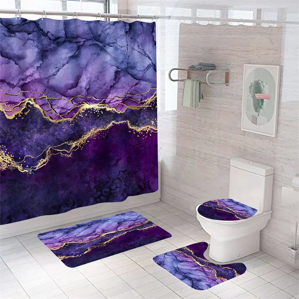 

Purplerative Marbled Shower Curtain set, Shower Curtain and carpet (bath mat, U shape and toilet seat) Bathroom decor