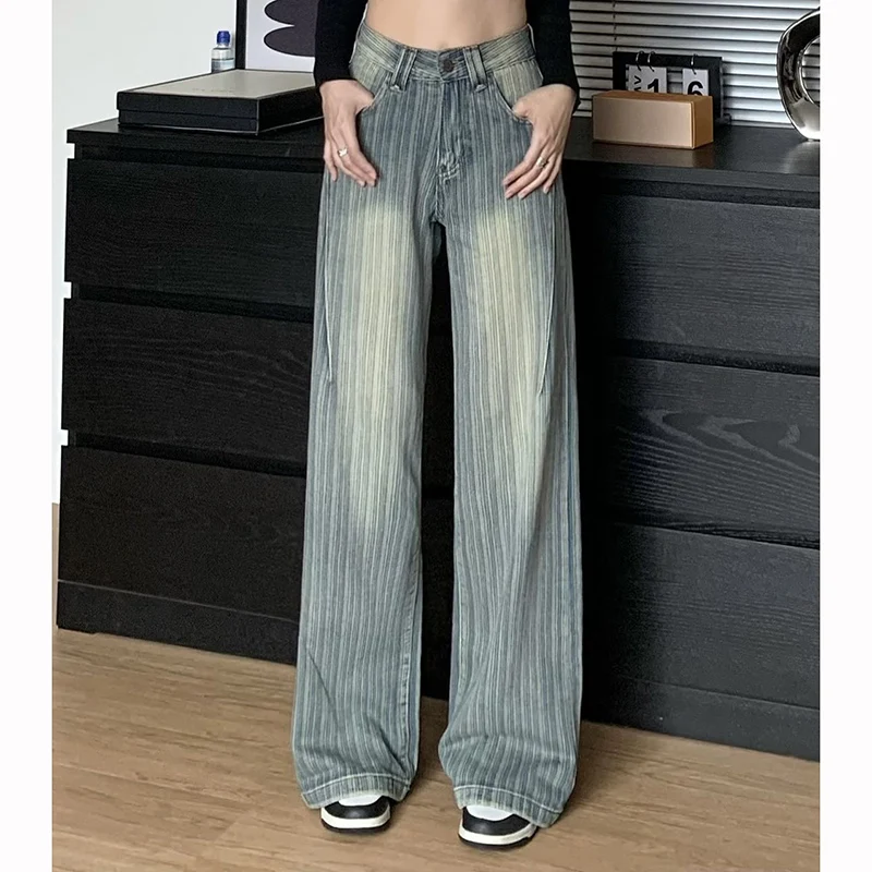 2025 Girls Striped Designer Wide Leg Jeans Female Chic Retro High Waist Denim Trousers Lady Baggy Thin Casual Pants