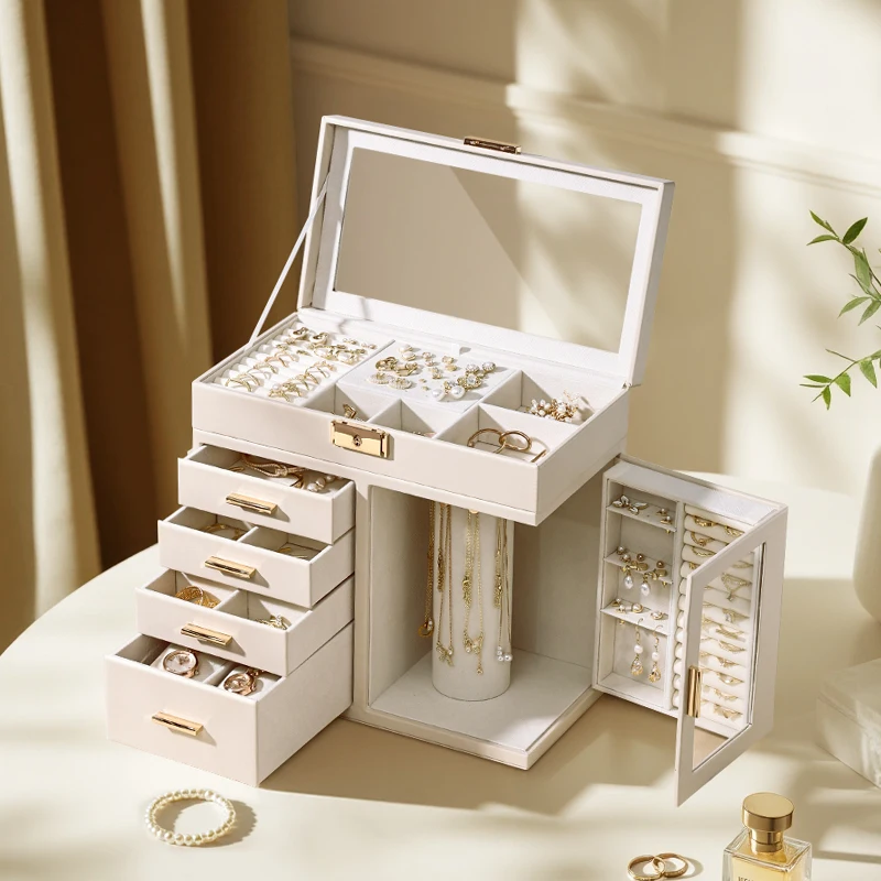 Leather Jewelry Box Large Ring Earrings Necklace Case Divided Compartment Box Jewelry Accessories Drawer Organizer with Lock